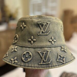 Vintage LV Embossed Monogram Jacquard Denim Canvas Bucket Hat